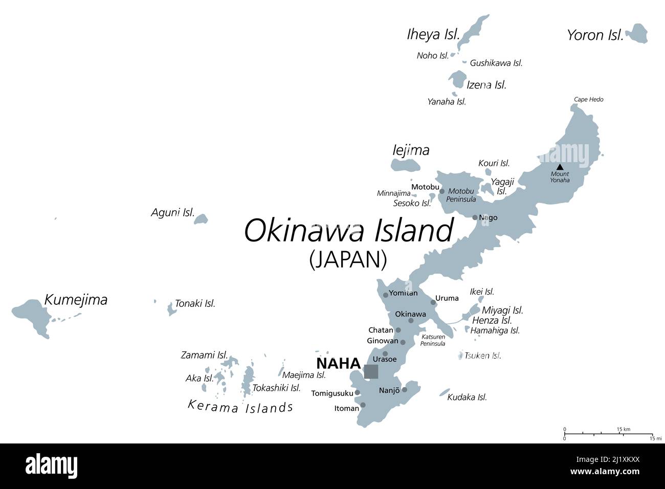 Okinawa-Inseln, graue politische Landkarte. Inselgruppe in der japanischen Präfektur Okinawa, im Ostchinesischen Meer, mit der Hauptstadt Naha. Stockfoto