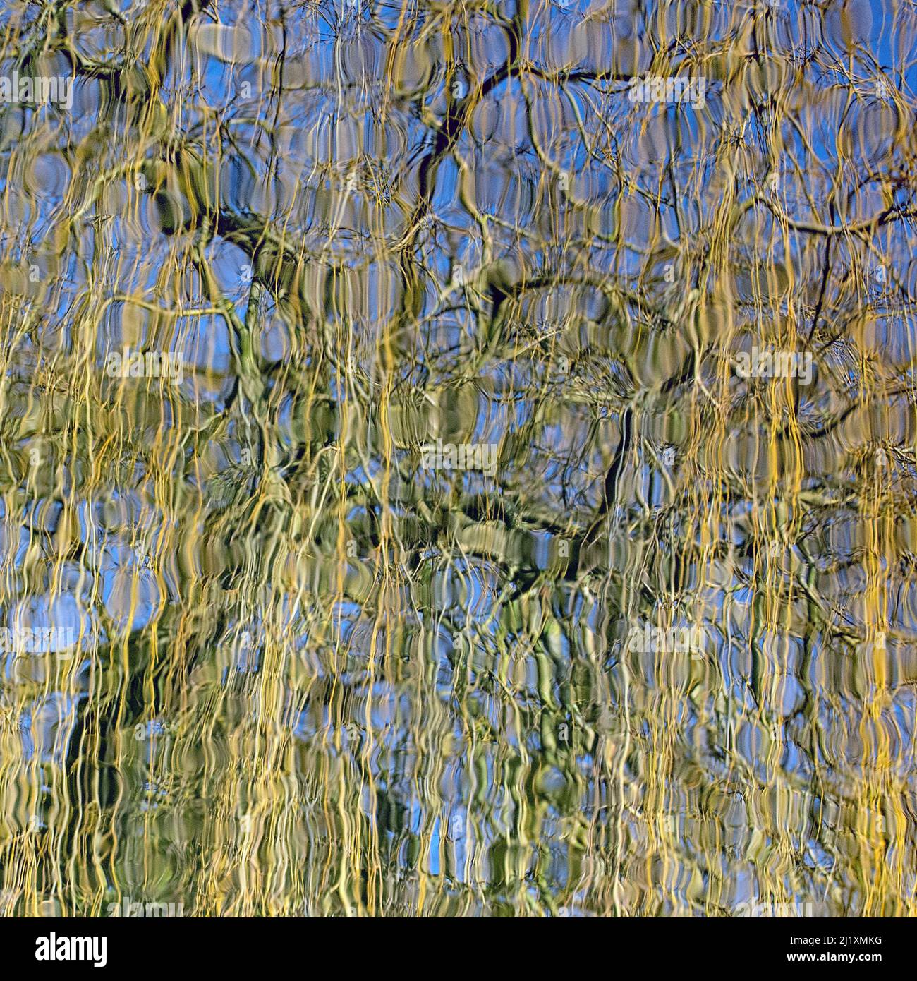 Abstraktes Foto des britischen Wasserweges mit reflektierten Mustern, Strukturen und Formen, mit einer Farbpalette, die in hellen Formen eine spiegelnde Brechung o zeigt Stockfoto