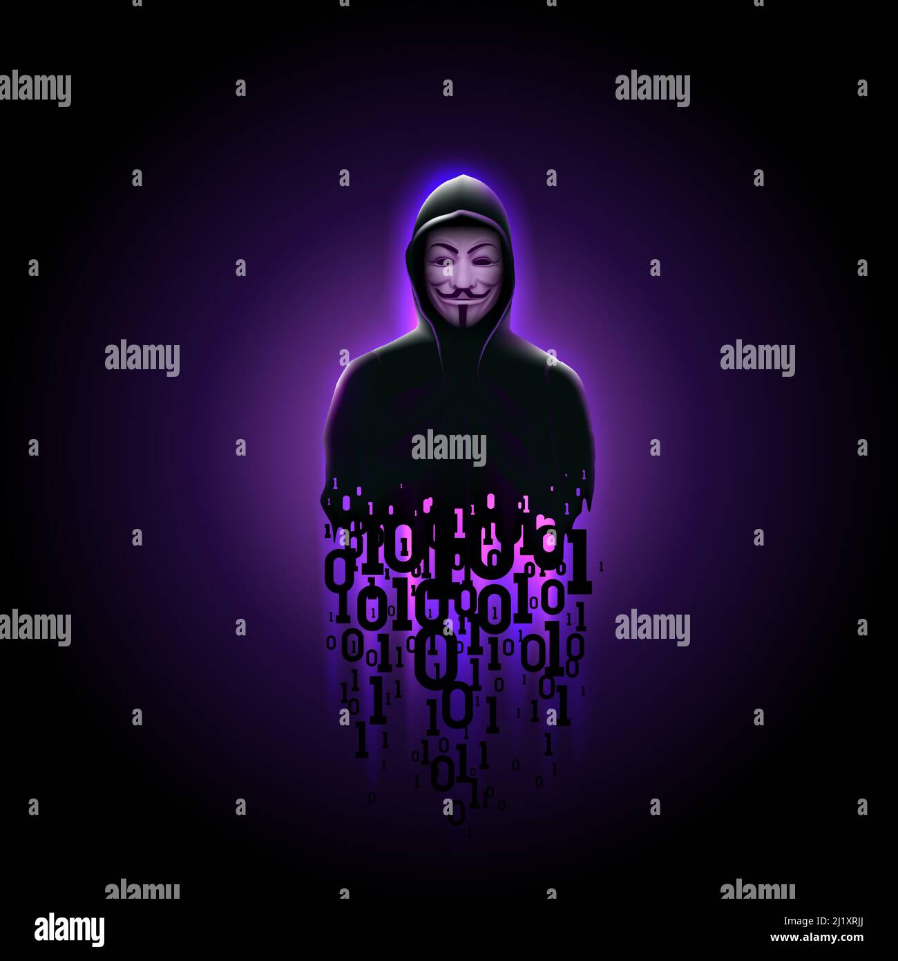 Silhouette anonymen Computer-Hacker in Hood mit Binärcode auf lila Hintergrund. Anonyme Hacker-Aktivistengruppe. Hacker-Computersystem, Diebstahl Stockfoto