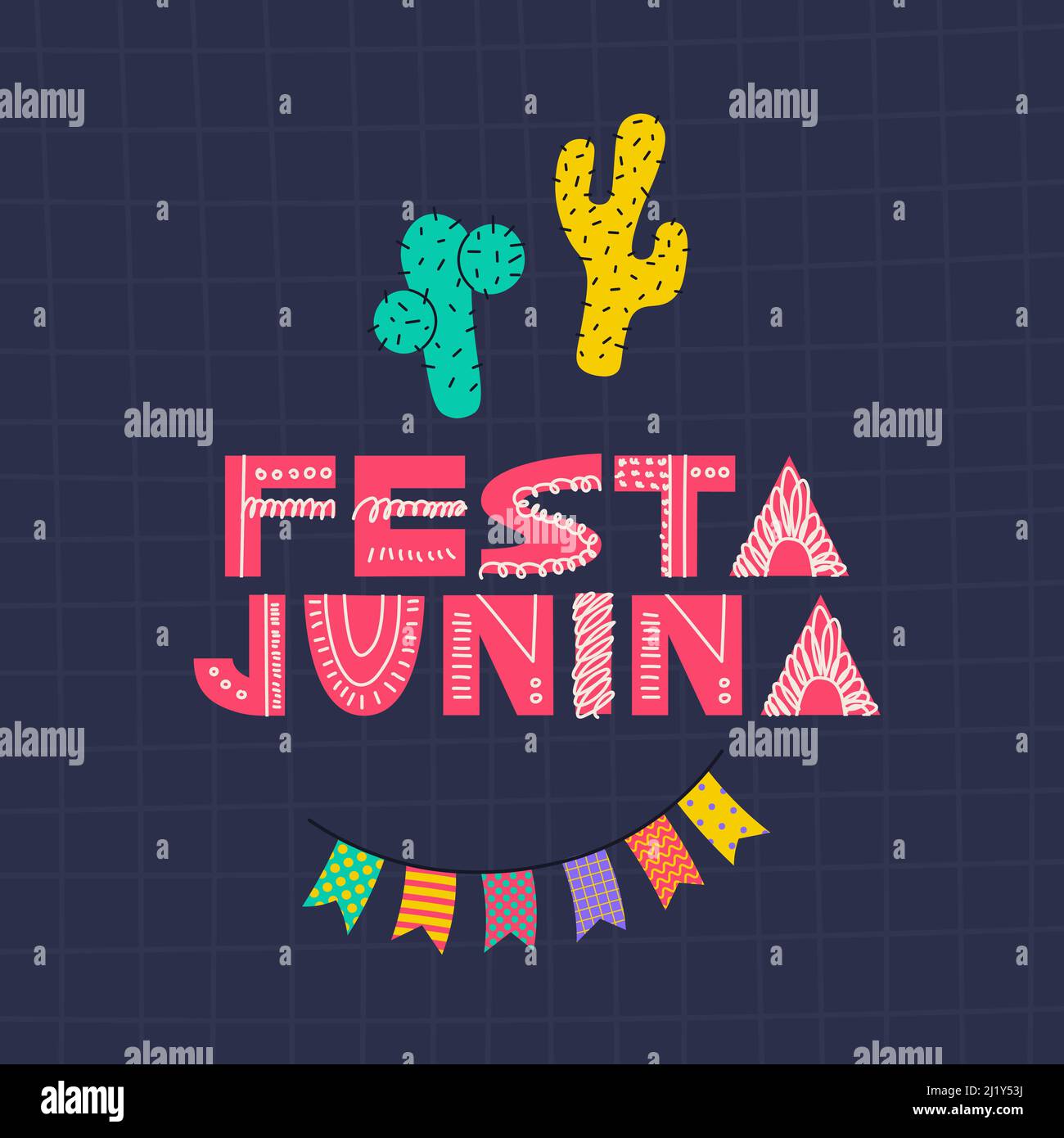 Entwurf für Postkarten und Plakate zur Feier des St. John Festivals. Text auf portugiesisch Festa junina - juni Party. Vektorgrafik. Stock Vektor