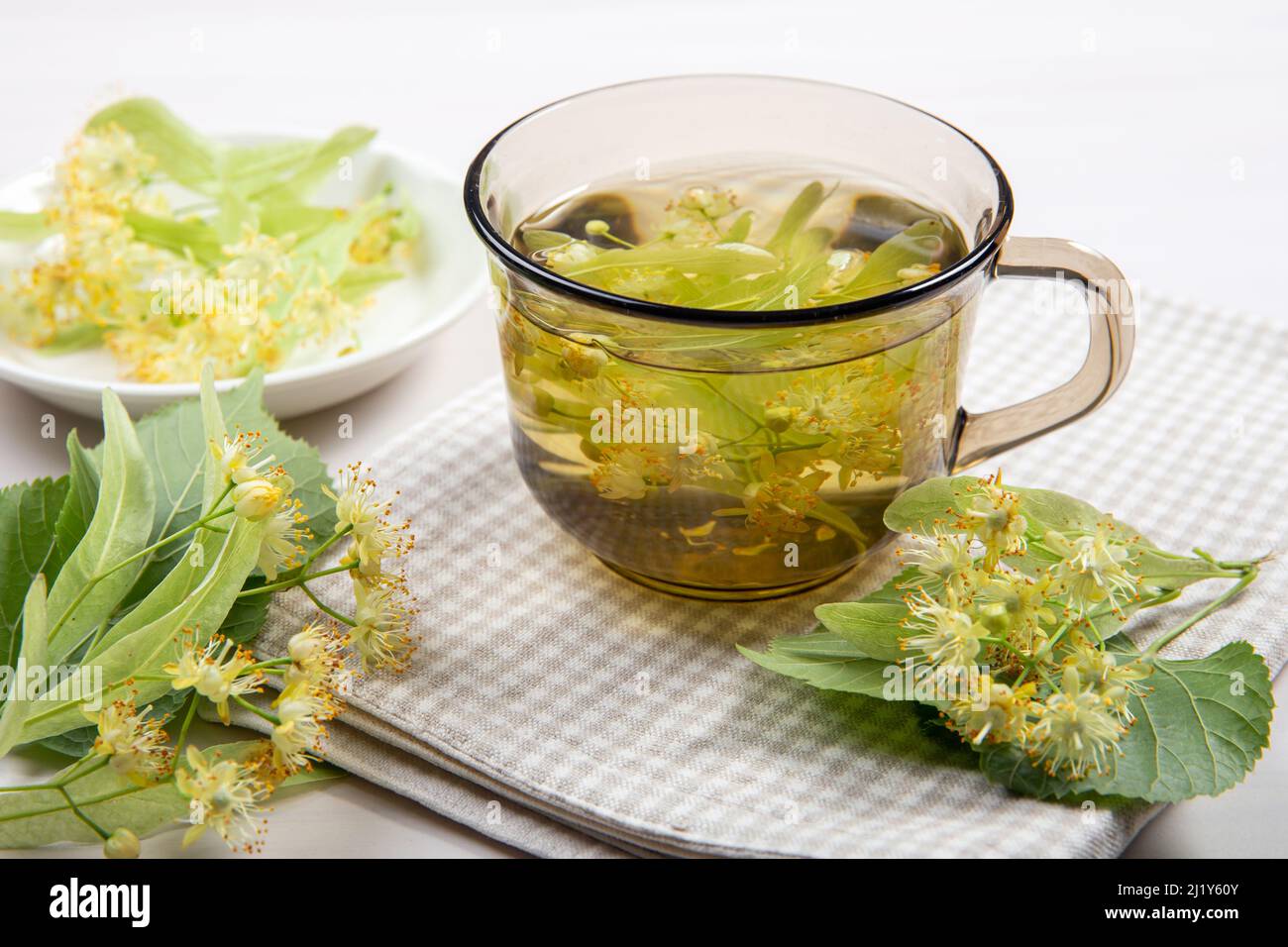 Tilia platyphyllos, bekannt als großblättriger Lindenblüten-Kräutertee, hergestellt aus frisch gepflückten Blüten mit Baumblättern und Ästen mit Blüten Stockfoto