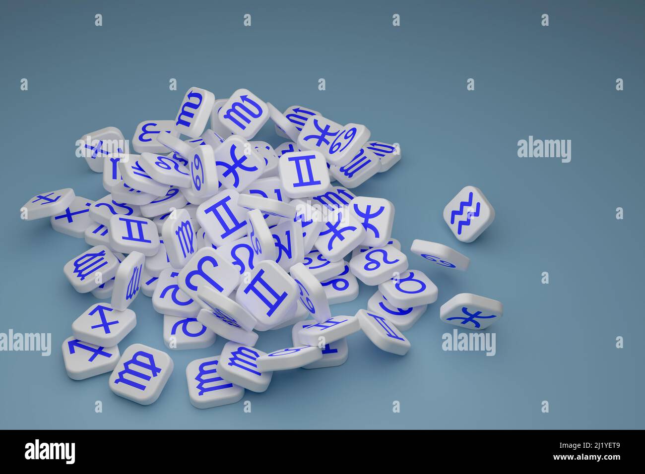 Symbole von Tierkreiszeichen in Form von blauen Symbolen auf weißen Fliesen. Ein Haufen rechteckiger Fliesen fällt auf die Oberfläche der blauen Farbe. Freier Speicherplatz im Stockfoto
