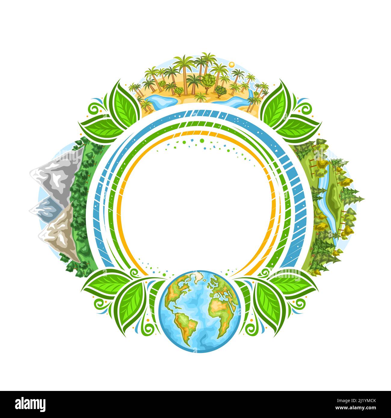 Vektorrahmen für Earth Day Holiday mit Copyspace für Grußtext, Kreis dekoratives Abzeichen mit Abbildung der Berge, afrikanische Wüstenoase Stock Vektor