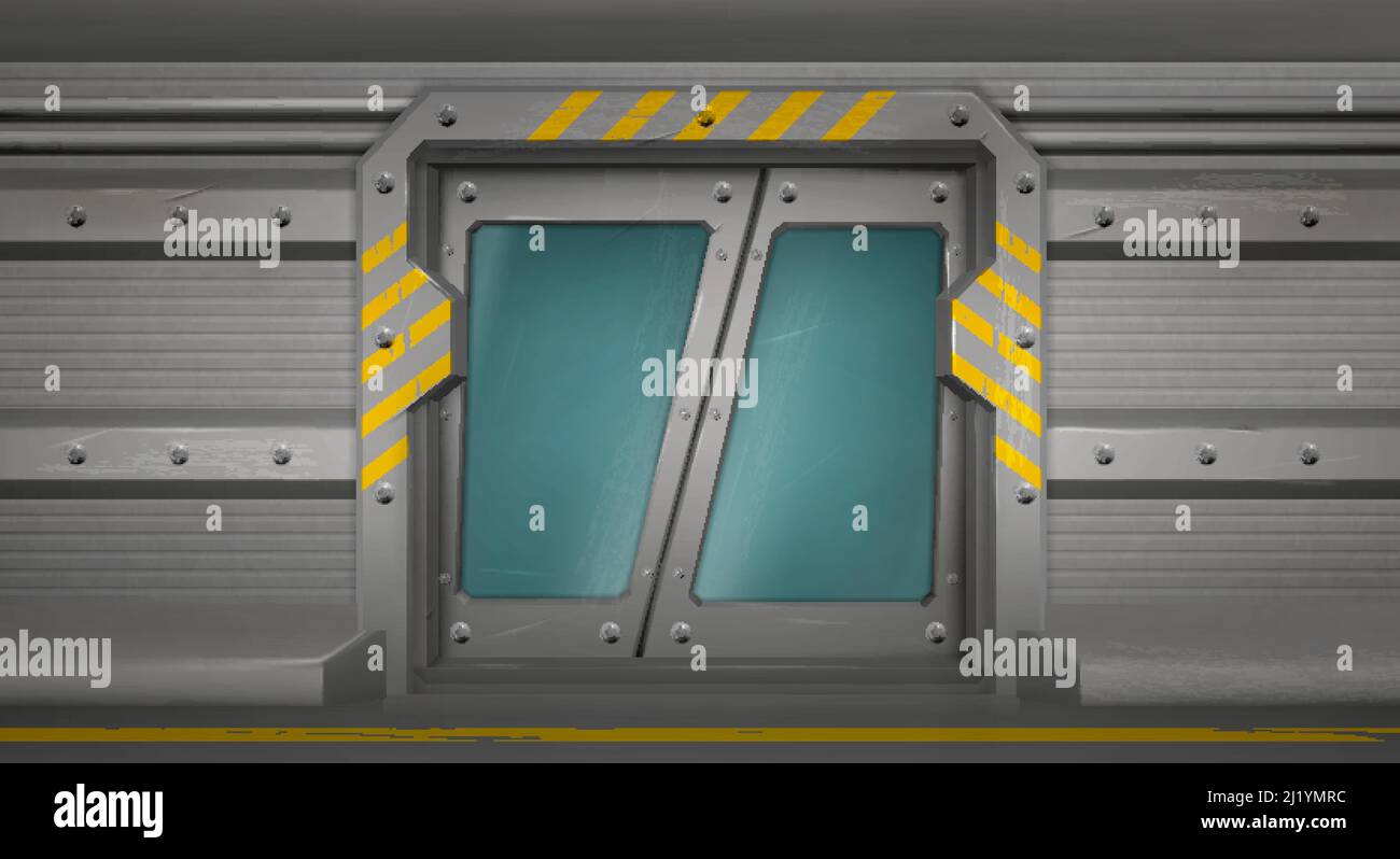 Metalltür mit Glasfenstern, Schiebetore im Raumschiff-Innenraum. Geschlossener Shuttle, futuristischer Bunker oder geheimer Laboreingang mit gelber Markierung Stock Vektor
