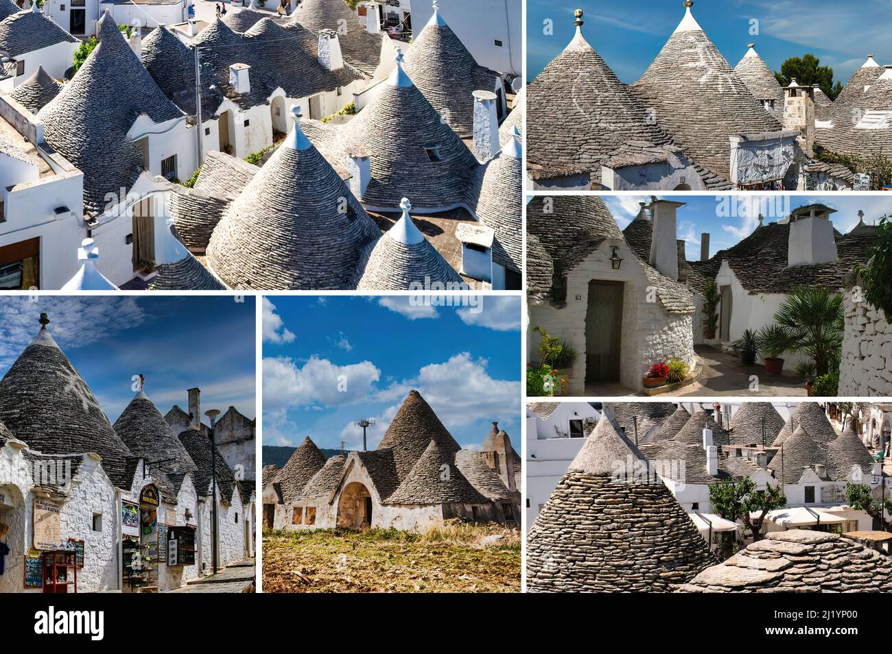 Fotocollage der schönen Stadt Alberobello in Apulien (Bari, Italien), berühmt für seine charakteristischen und einzigartigen Häuser namens Trulli. Stockfoto