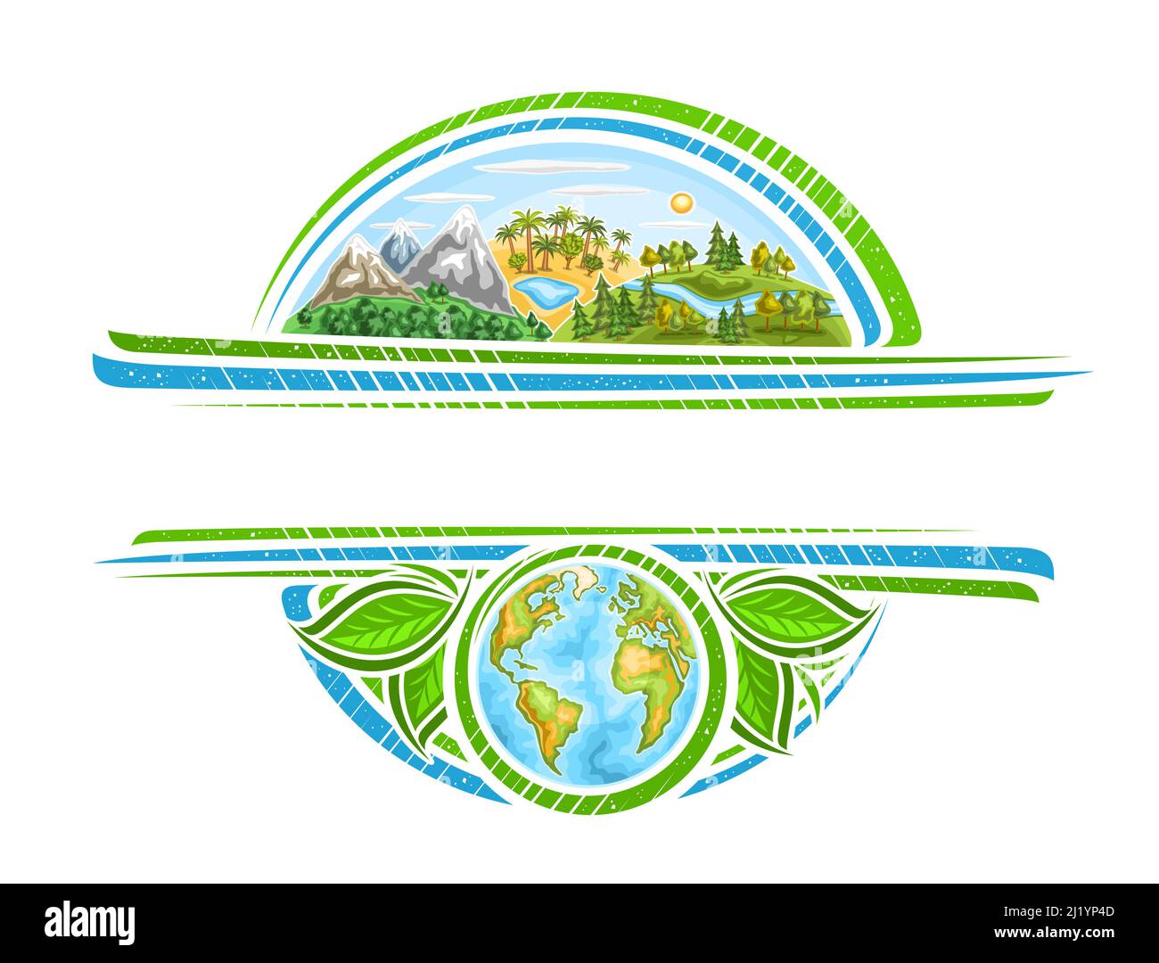 Vektorrahmen für den Earth Day Holiday mit Kopierraum für Grußtext, dekorativem Rahmen mit Darstellung der Bergregion, afrika-Palmen, Holz Stock Vektor