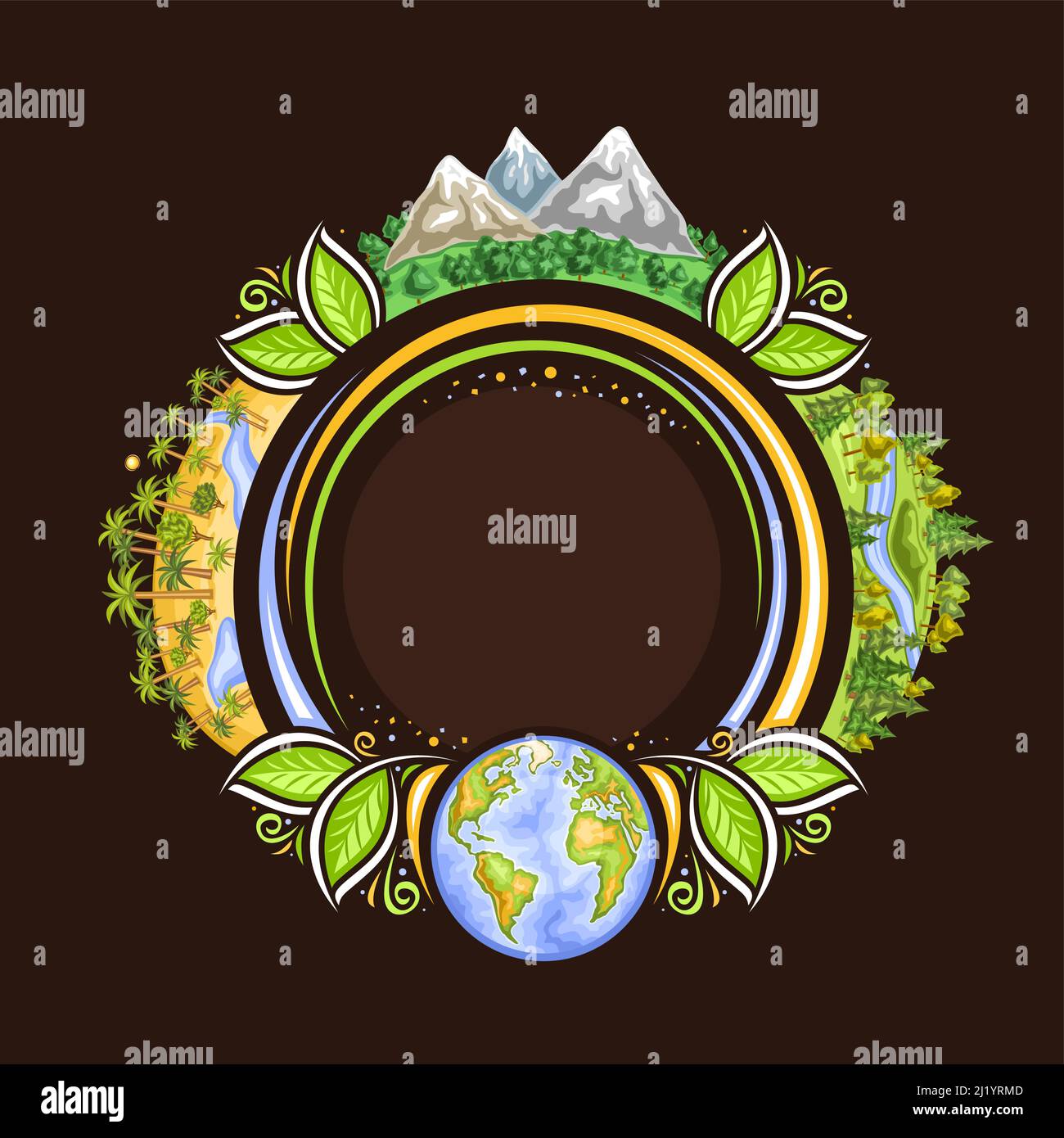 Vektorrahmen für Earth Day Holiday mit Kopierraum für Grußtext, runder dekorativer Aufkleber mit Abbildung der afrikanischen Wüstenoase, Berge ar Stock Vektor