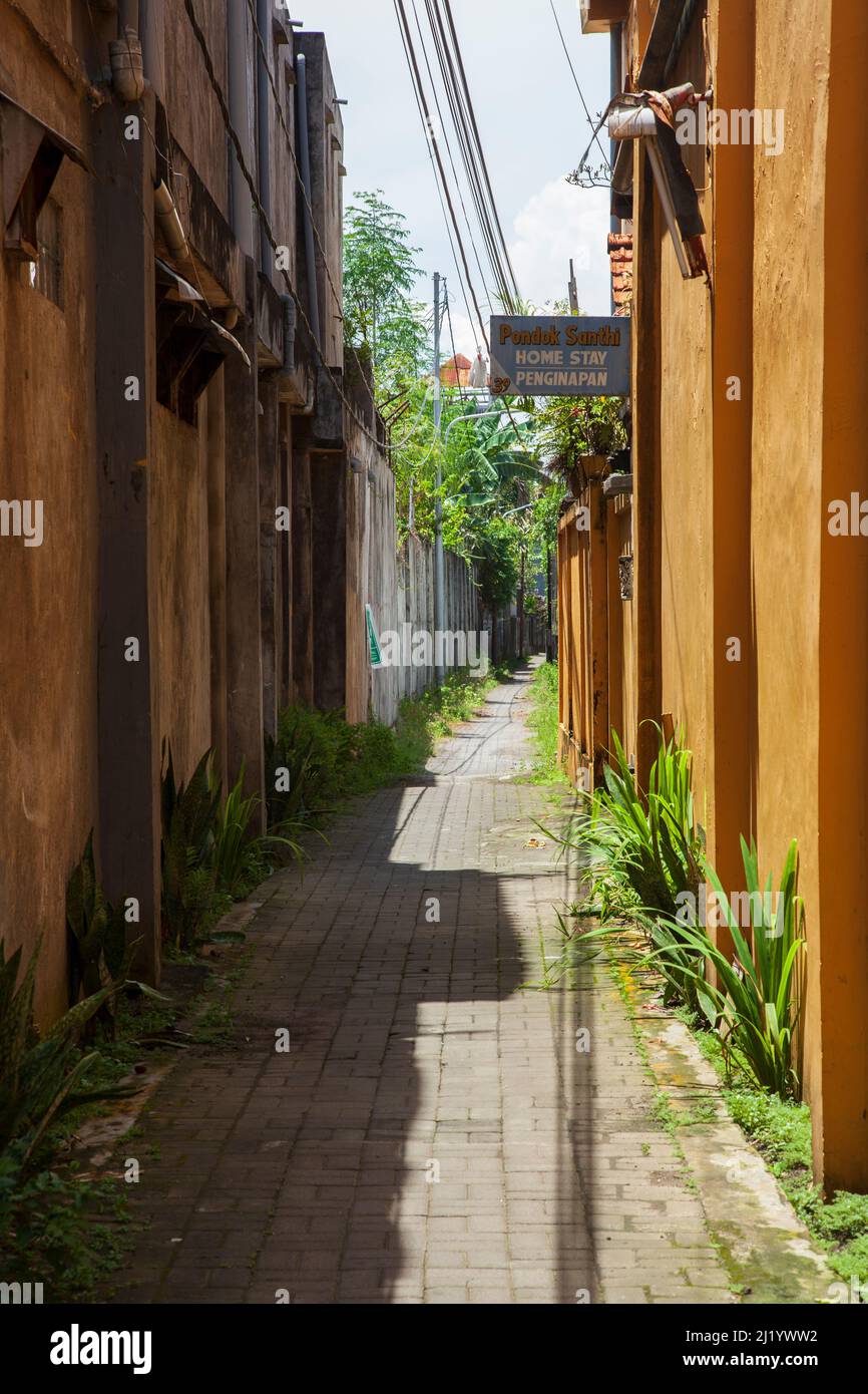 Eine kleine Gasse im Norden Sanurs, die GG genannt wird. Pacar mit Santhi Homestay Unterkunft mit orangefarbenen Wänden und einem gepflasterten Weg in Bali, Indonesien. Stockfoto