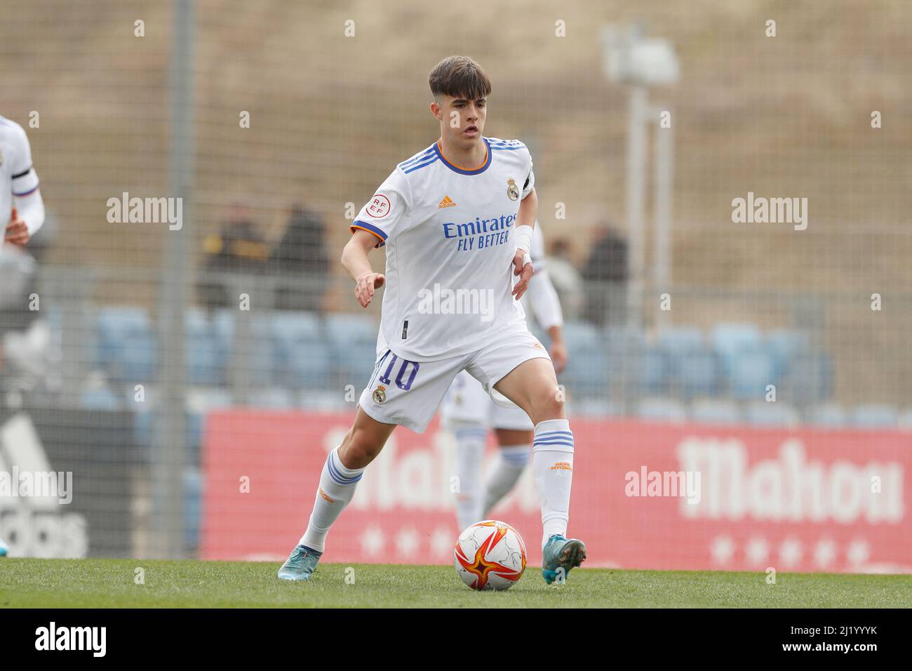 Madrid, Spanien. 27. März 2022. Bruno Iglesias (Real) Fußball/Fußball : Spanisches Viertelfinalspiel zwischen Real Madrid Juvenil Und Einer 5-2 CD Teneriffa Juvenil A auf dem Ciudad Real Madrid Campo 7 in Madrid, Spanien . Quelle: Mutsu Kawamori/AFLO/Alamy Live News Stockfoto