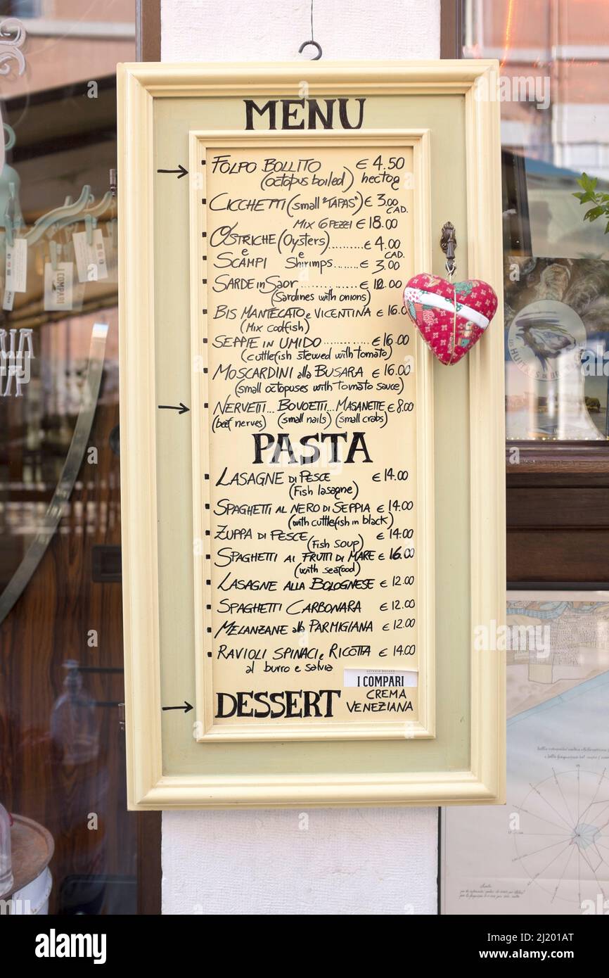 Restaurant Menu Board Venedig Italien Stockfoto