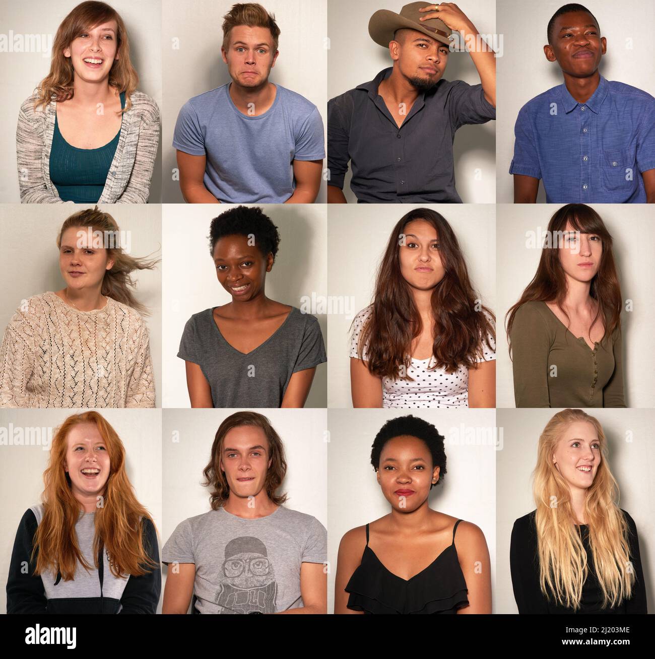 Unterschiedliche Striche für verschiedene Leute. Zusammengesetzte Aufnahme von jungen Menschen, die in einer Fotokabine posieren. Stockfoto
