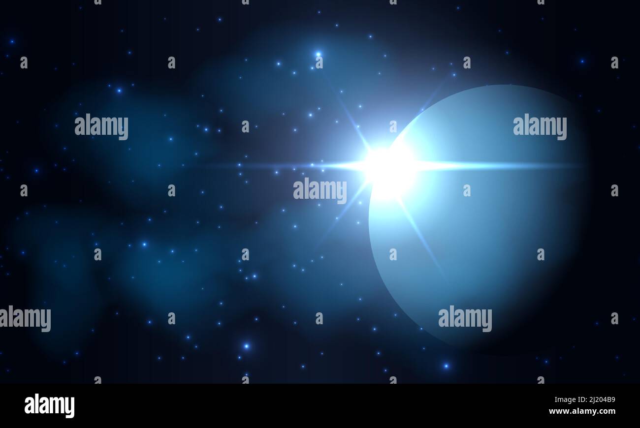 Planet im Weltraum in dunklem Sternenhimmel. Realistischer Kosmos Vektor Hintergrund. Futuristische Weltraumgalaxie Stock Vektor