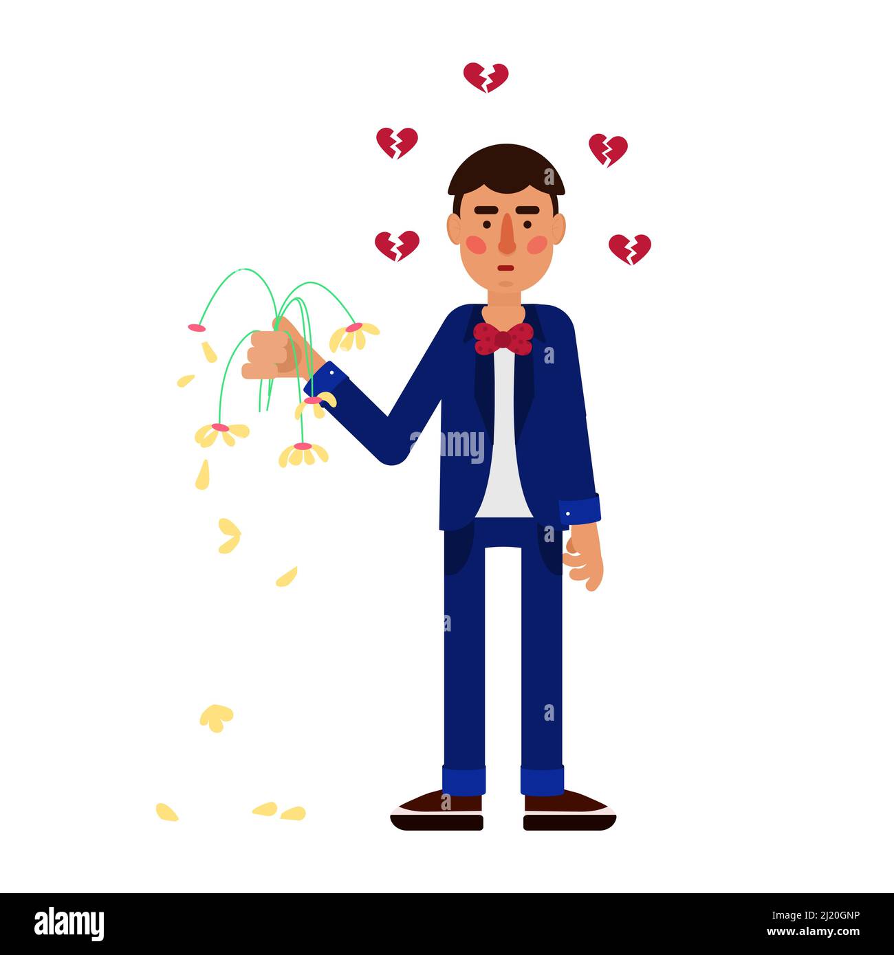 Herzgebrochener Mann und ein Strauß verdorrter Blumen in seiner Hand. Fallende Blütenblätter. Junge trägt Anzug mit Fliege. Weißer Hintergrund. Stock Vektor