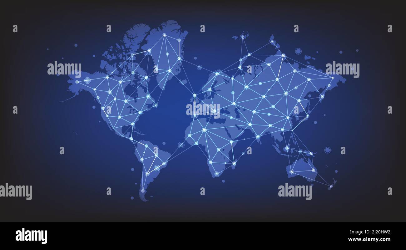 Zusammenfassung des Weltenkartennetzes. Globales soziales Netzwerk. Leuchtende Linien Symbole für Internet, Radio, Fernsehen, Mobilfunk und Satellitenkommunikation. Stock Vektor