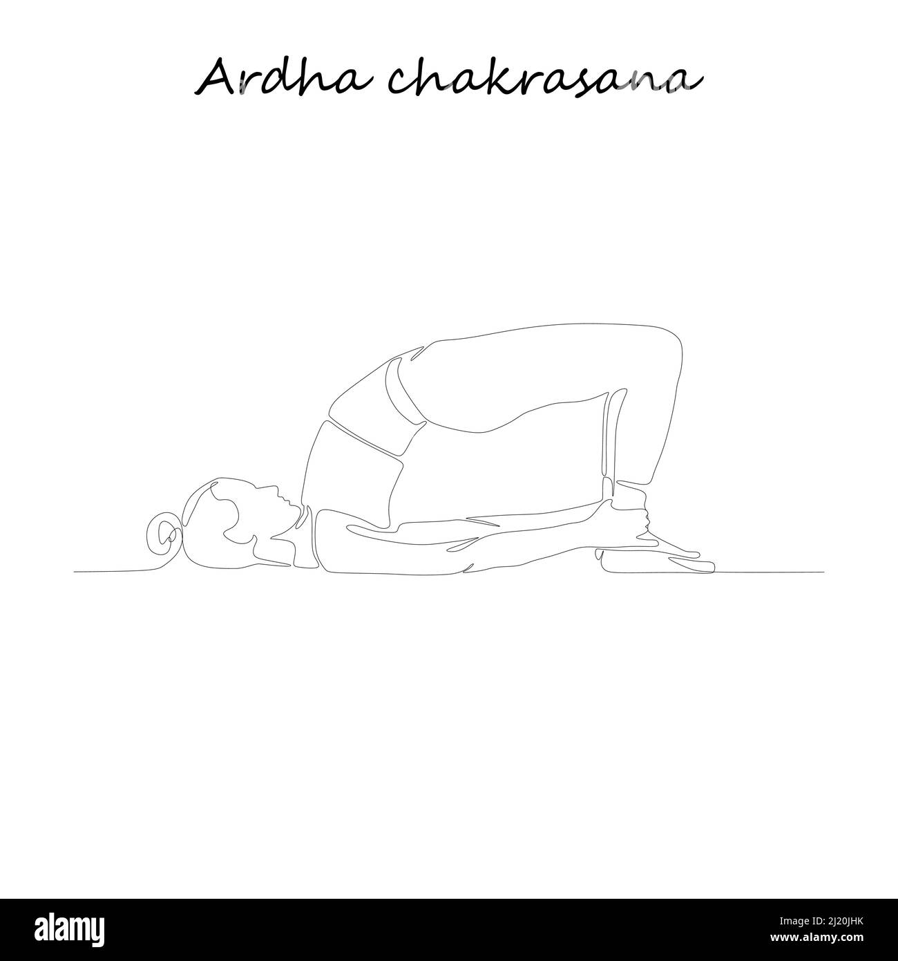 Fortlaufende Linienzeichnung. Junge Frau macht Yoga-Übung, Silhouette Bild. Eine Linie gezeichnete schwarz-weiße Illustration. Ardha chakrasana Stock Vektor