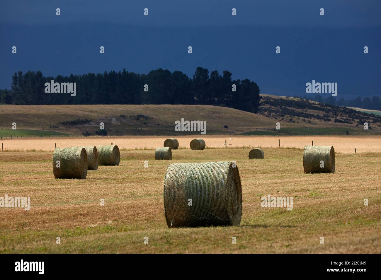 Heuballen und Sturmwolken, Kyeburn, Maniototo, Otago, Südinsel, Neuseeland Stockfoto