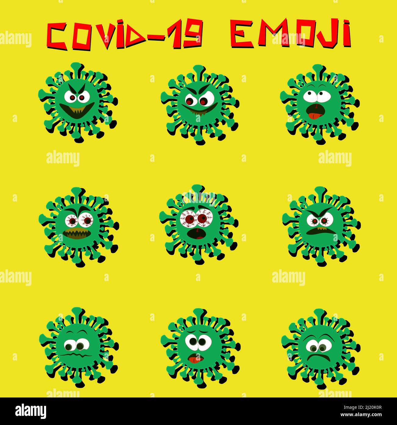 Covid-19 Coronavirus-Emojis und Emoticons mit beängstigenden und wütenden Gesichtsausdrücken. Vektorgrafik. Stock Vektor