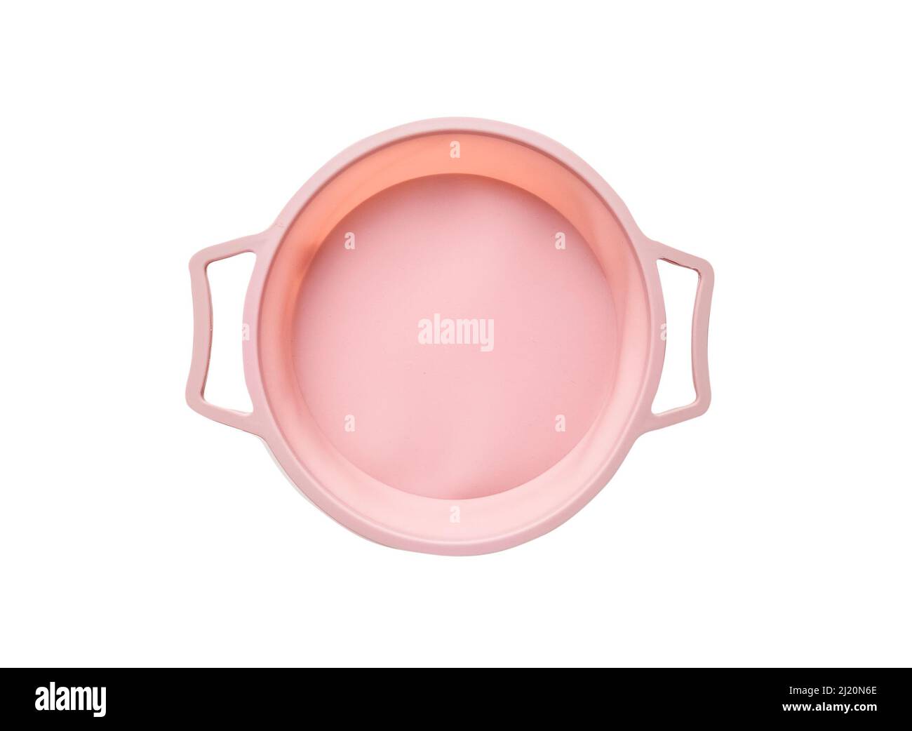 Neue runde Silikonbackform mit Griffen isoliert auf weißem Hintergrund. Draufsicht Stockfoto