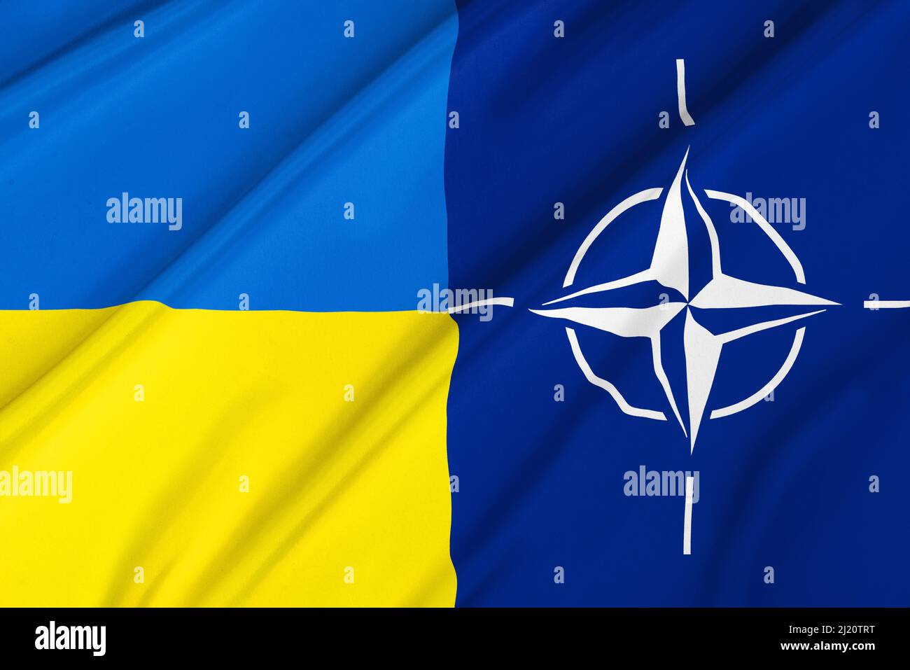 Flagge der Ukraine und der NATO. Das Konzept der Zusammenarbeit und Assoziation Stockfoto