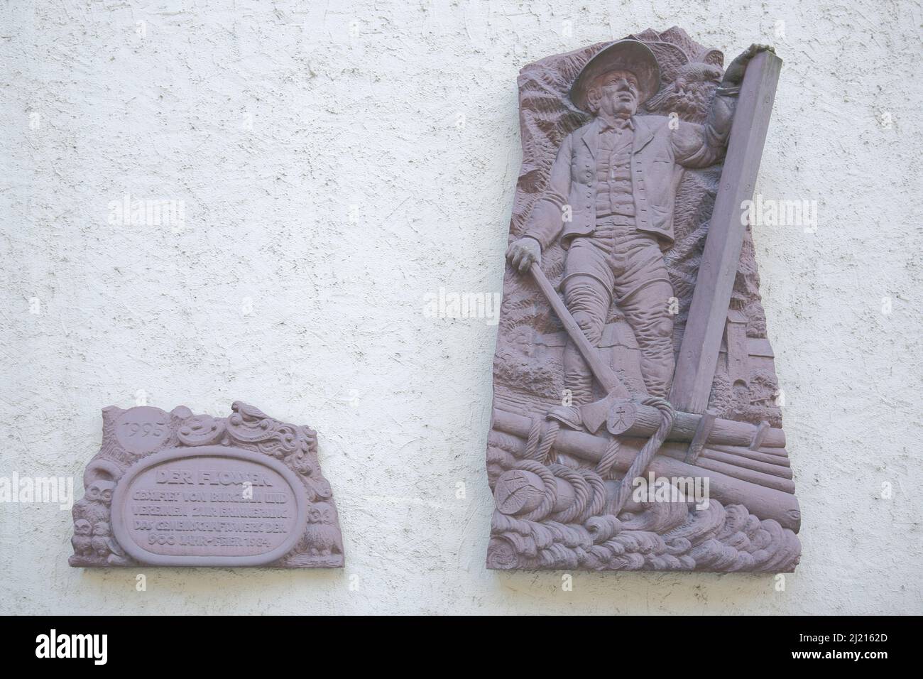 Denkmal für historisches Rafting in Wolfach, Baden-Württemberg, Deutschland Stockfoto