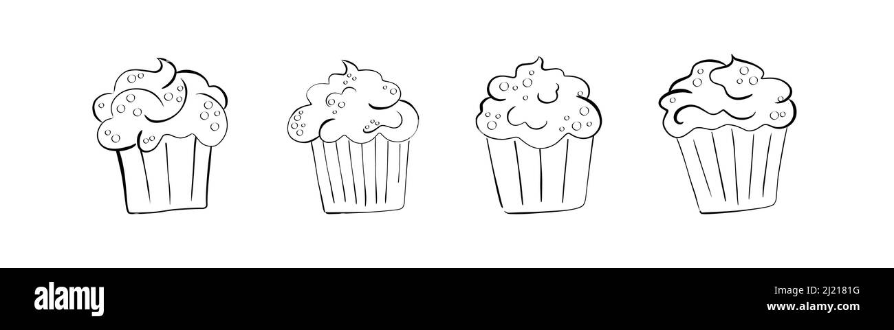 Handgezeichneter Cupcake mit Creme und Belag. Einfache Cartoon Food Illustration von Kuchen. Stock Vektor