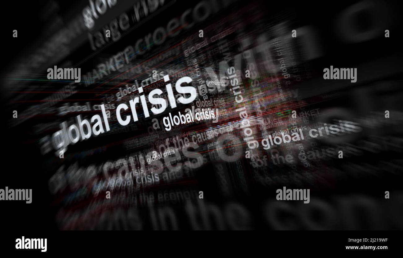 Schlagzeilen in den internationalen Medien mit globalen Krisen in Wirtschaft, Markt und Geschäft Crash. Abstraktes Konzept von Nachrichtentiteln auf Noise Displays. TV Stockfoto