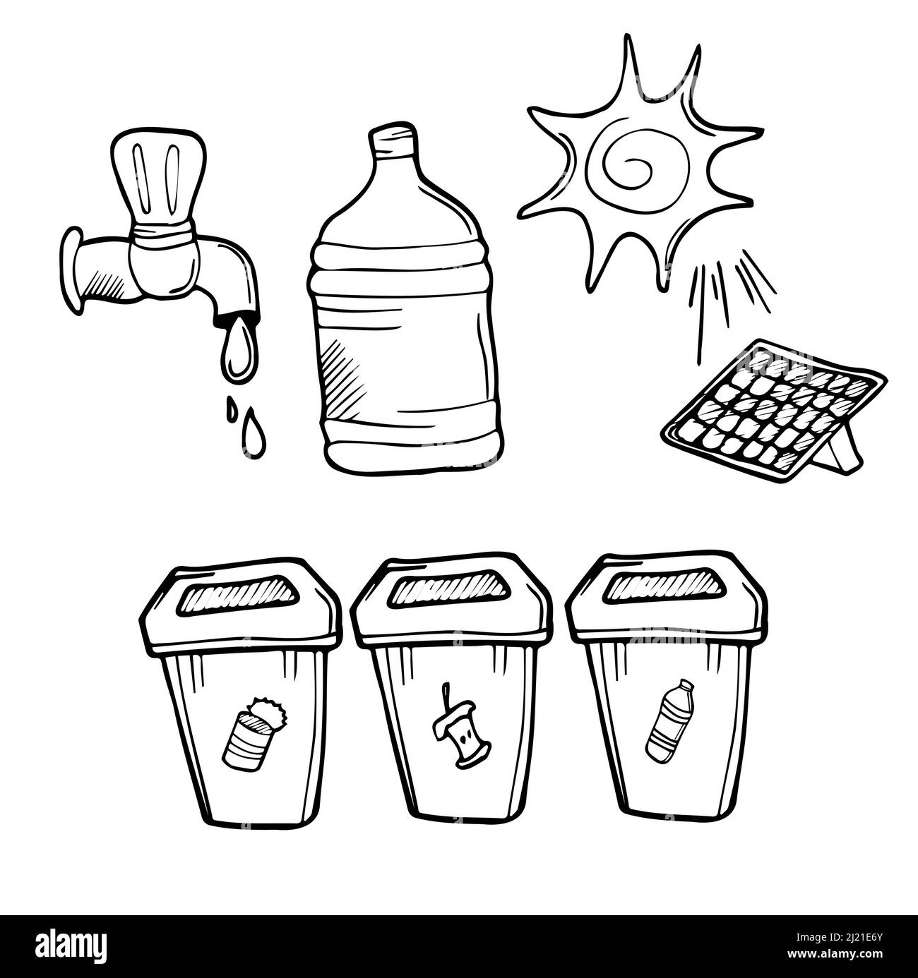 Satz von Doodle skizzieren ökologische Symbole isoliert auf weißem Hintergrund. Null-Waste-Life-Konzept. Tag der Erde Stock Vektor