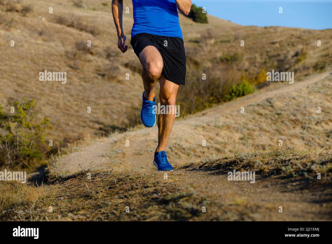 Männlicher Athlet, der auf dem Bergpfad läuft Stockfoto