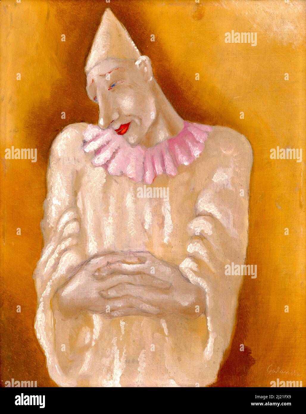 Mikuláš Galanda - Clown - 1934 - zeigt eine melancholische Clownfigur in gedämpften weiß-, Beige- und Brauntönen mit einem rosa Rüschenkragen. Stockfoto