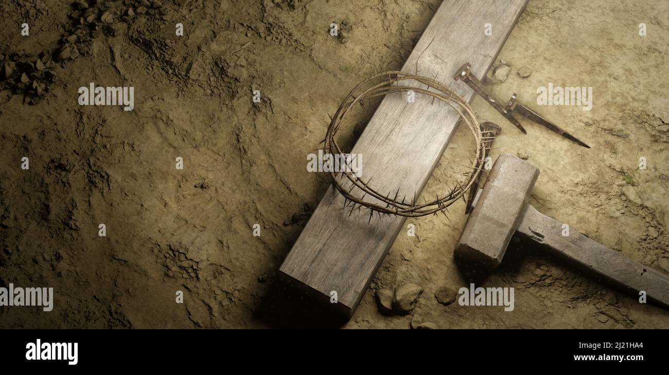 Kreuzigung von Jesus Christus. Kreuz mit drei Nägeln und Dornenkrone auf dem Boden Christentum Konzept Hintergrund Stockfoto