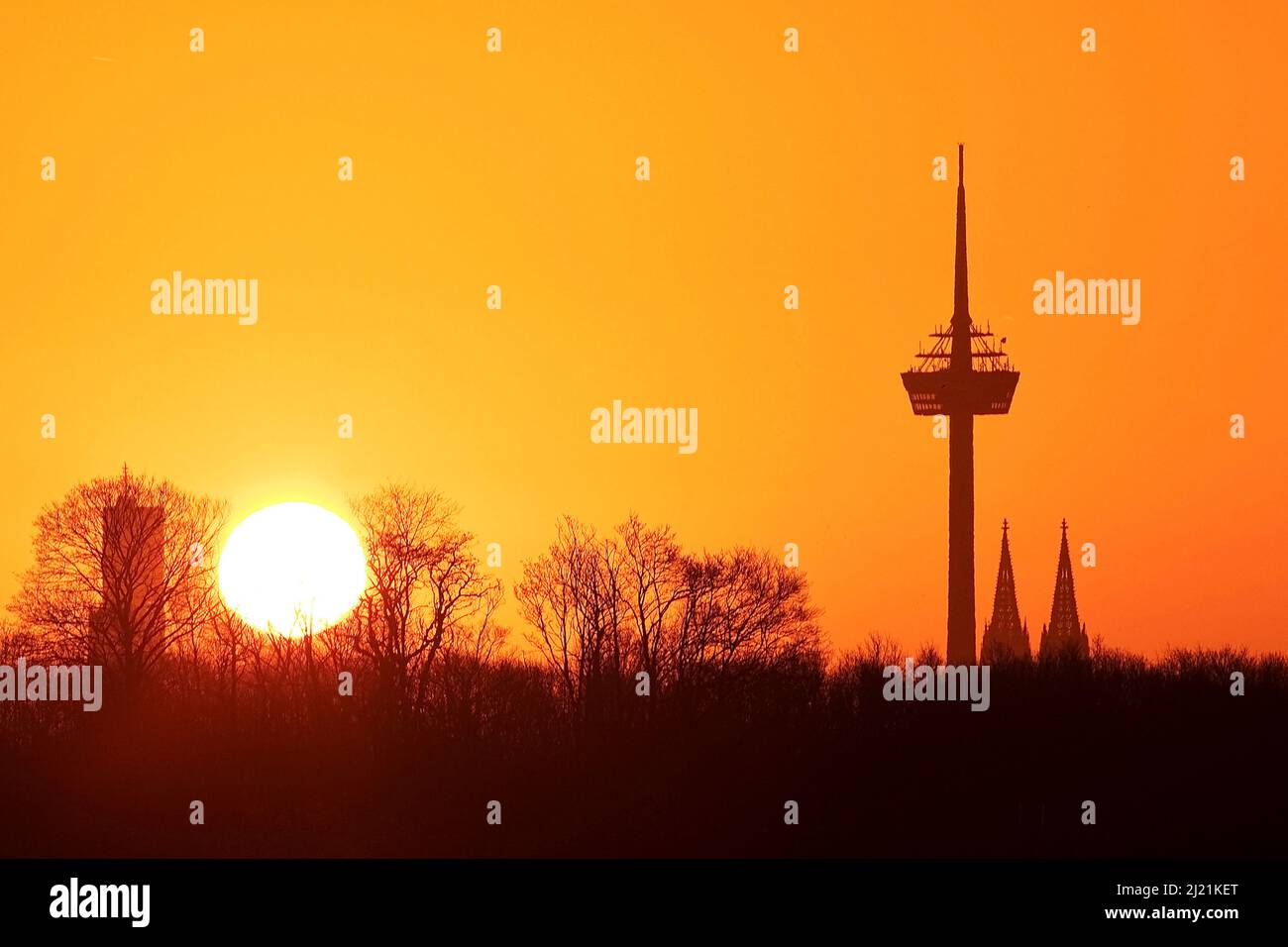 sonnenaufgang über der Silhouette von Köln mit Telekommunikationsturm Colonius und Dom, Deutschland, Nordrhein-Westfalen, Rheinland, Köln Stockfoto