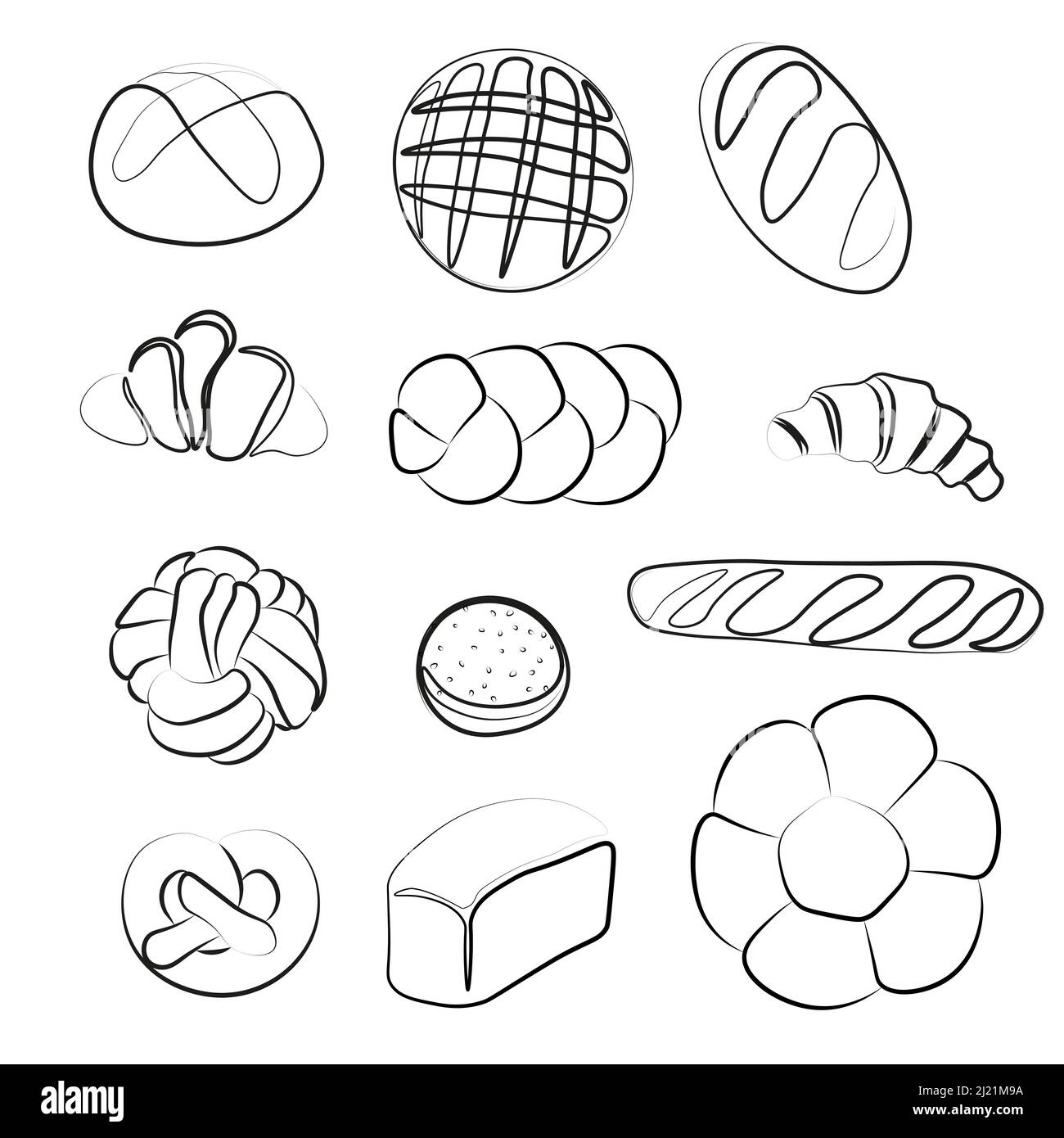 Trendy Vektor-Set für Bäckerei oder Cafe.Illustrations von Brötchen, Brot, Baguette, und andere Backwaren für die Verpackung, Etiketten, oder Signage.Line Art Illustration Stock Vektor