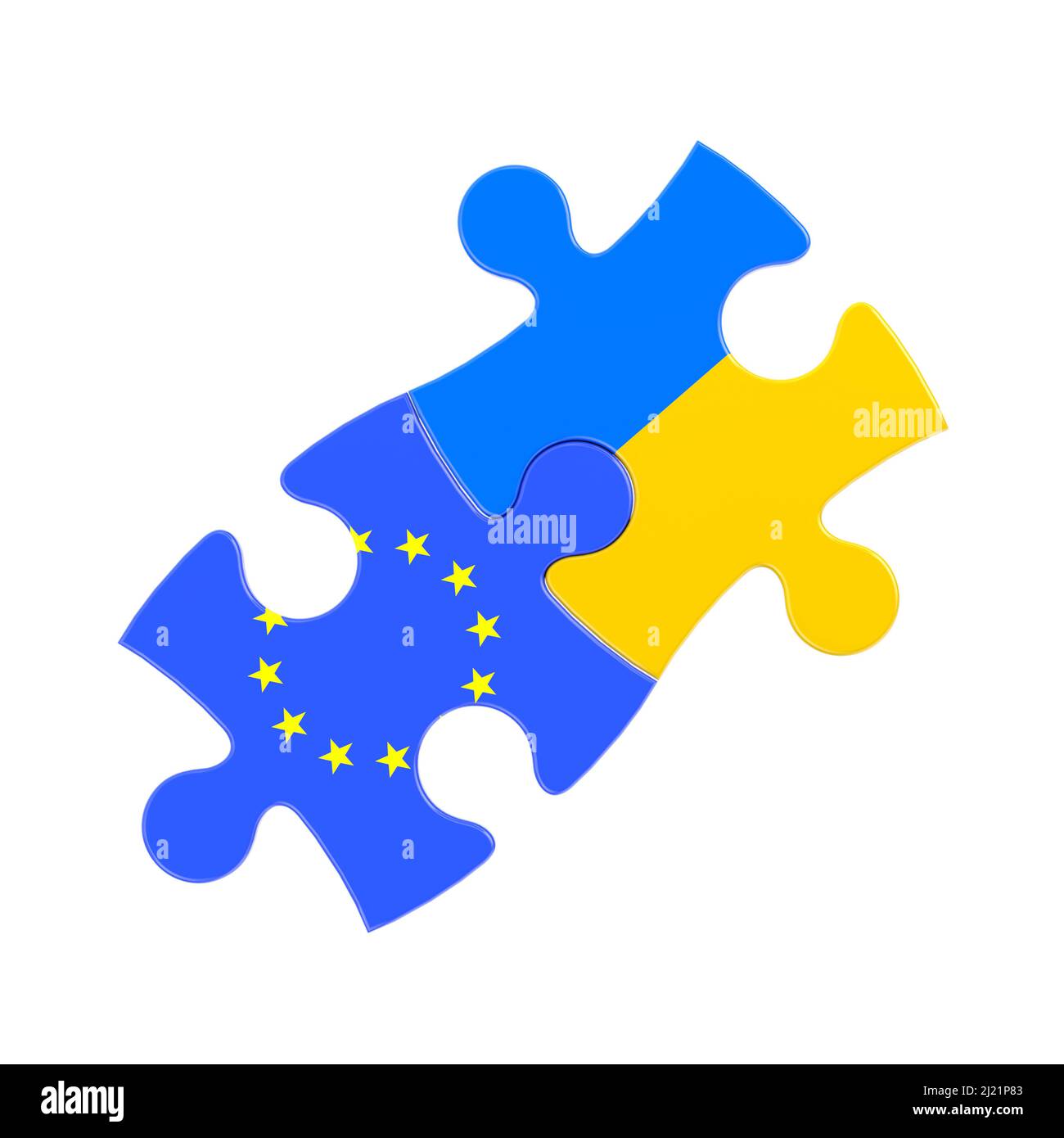 Beziehung zwischen der Ukraine und dem EG-Konzept. Ukraine und Europäische Union Flaggen Puzzle Stücke von auf einem weißen Hintergrund. 3D Rendering Stockfoto