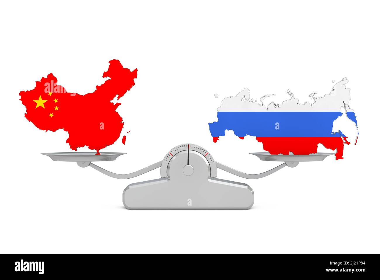 China und russische Flaggenkarten Balancing auf einer einfachen Gewichtsskala auf weißem Hintergrund. 3D Rendering Stockfoto