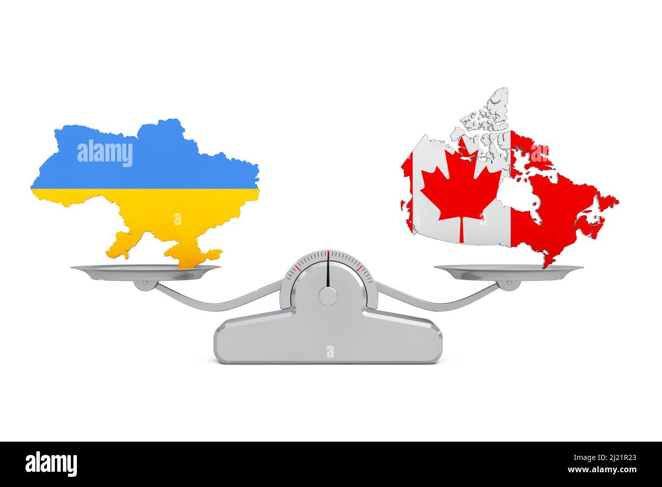 Karten der Ukraine und Kanadas Ausgleich auf einer einfachen Gewichtsskala auf weißem Hintergrund. 3D Rendering Stockfoto