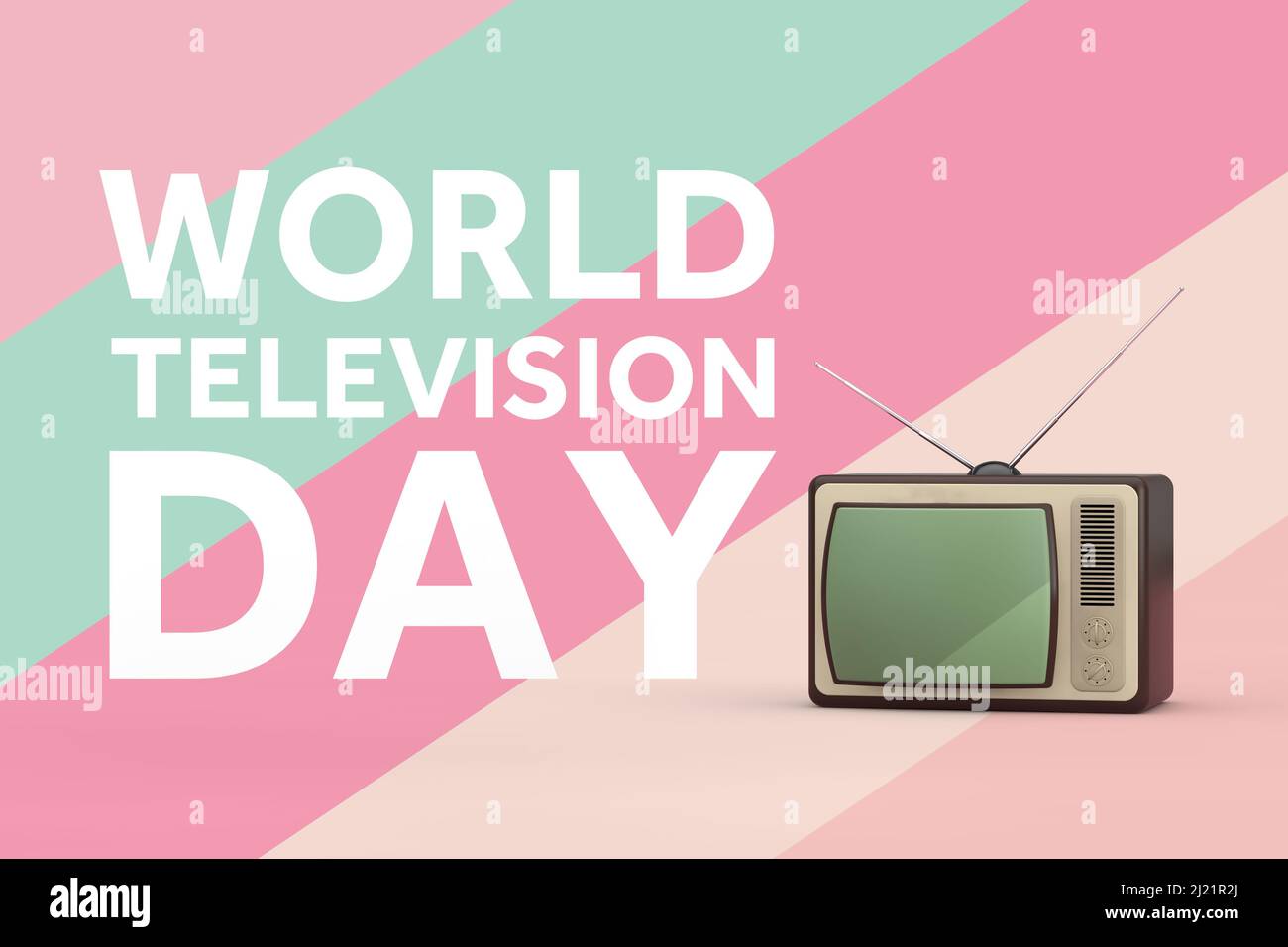 Konzept Des World Television Day. Klassischer Vintage-Fernseher mit World Television Day-Zeichen auf einem mehrfarbigen Hintergrund. 3D Rendering Stockfoto