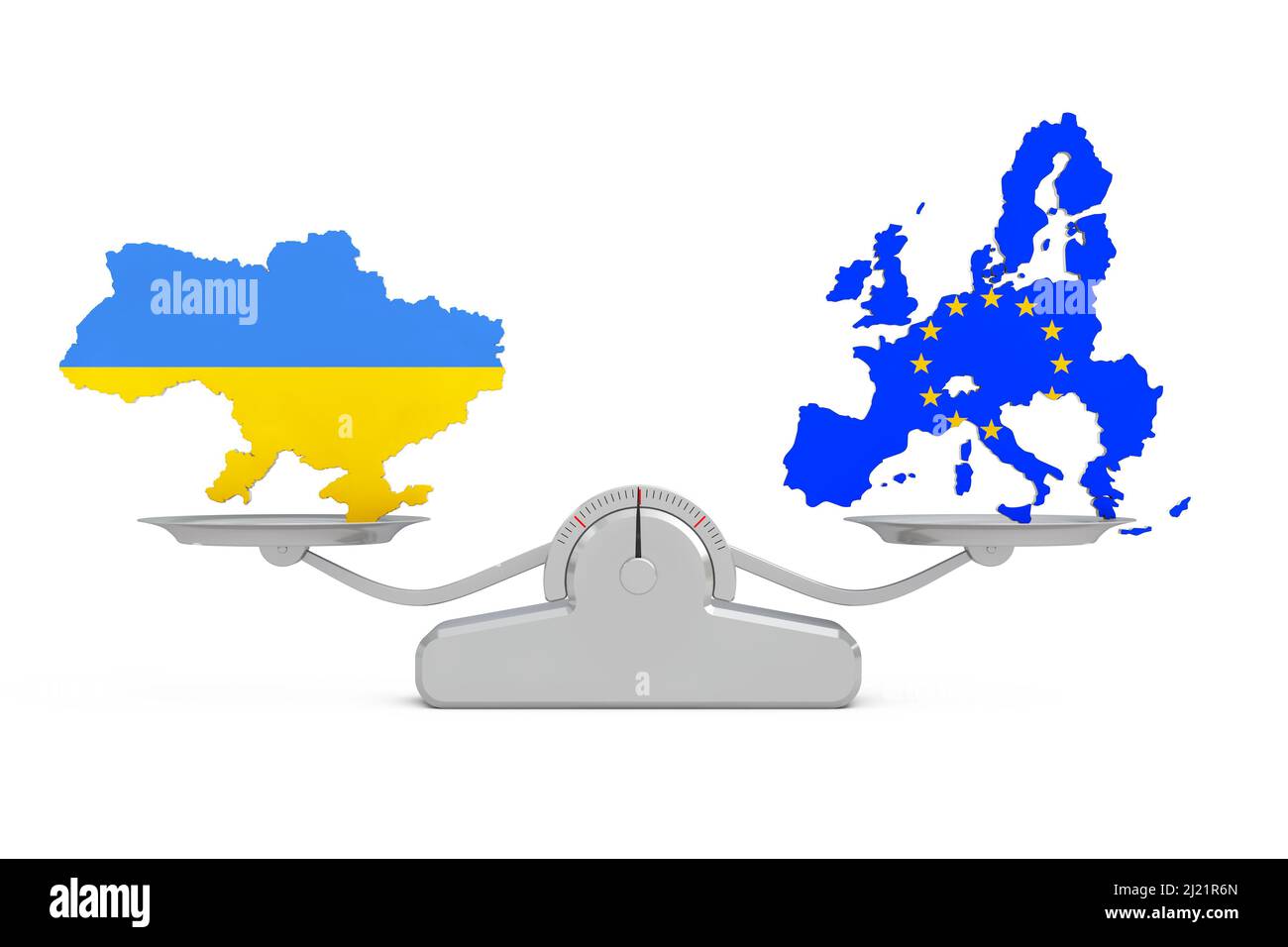 Karten der Ukraine und der Europäischen Union Ausgleich auf einer einfachen Gewichtsskala auf weißem Hintergrund. 3D Rendering Stockfoto