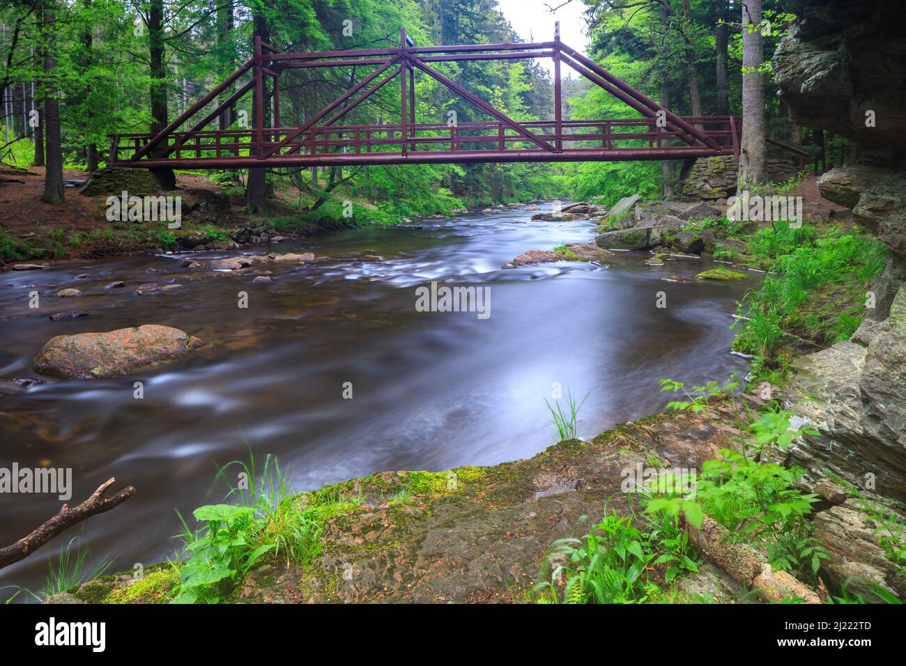 Paseracka lavka brige am Fluss Divoka Orlice im Naturschutzgebiet Zemska brana, Gebirge Orlicke, Ostböhmen, Tschechien Stockfoto