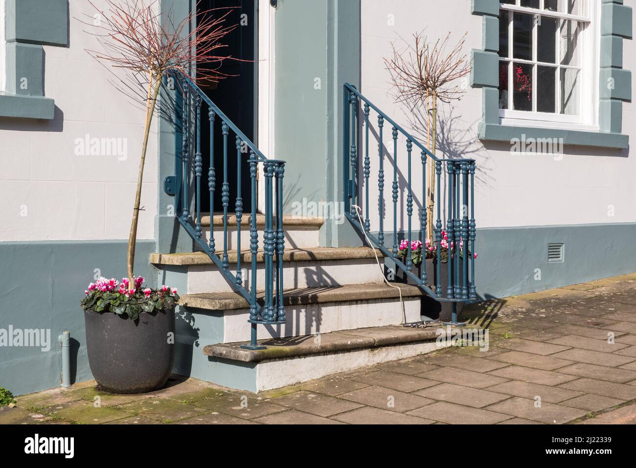 Steintreppen führen bis zur Eingangstür eines Hauses mit dekorativen Handgeländern in Modbury, South Hams, Devon Stockfoto