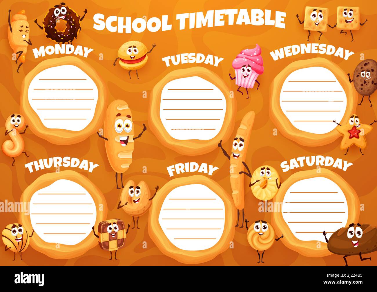 Cartoon-Kekse, Bäckerei und Desserts nach dem Zeitplan für die Bildung. Kindererziehung Zeitplan, Klassen Tageskalender oder Zeitplan mit lustigen Cupcake, Croissant und Donuts, Brot, Brot und Brötchen Stock Vektor