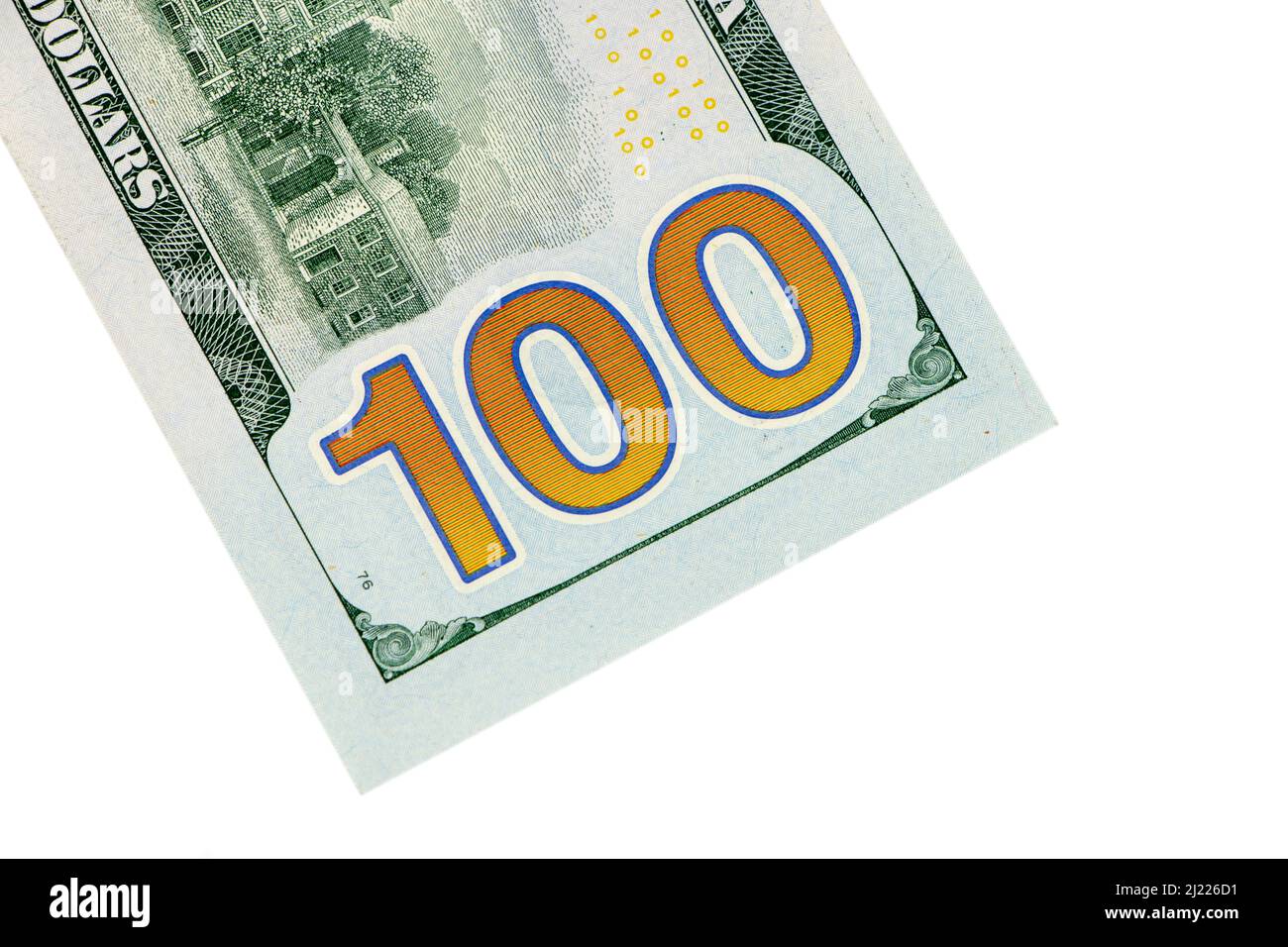 Makroschuss Nahaufnahme eines neuen 100 Dollar. Großes 100-Schild auf der Rückseite. Stockfoto