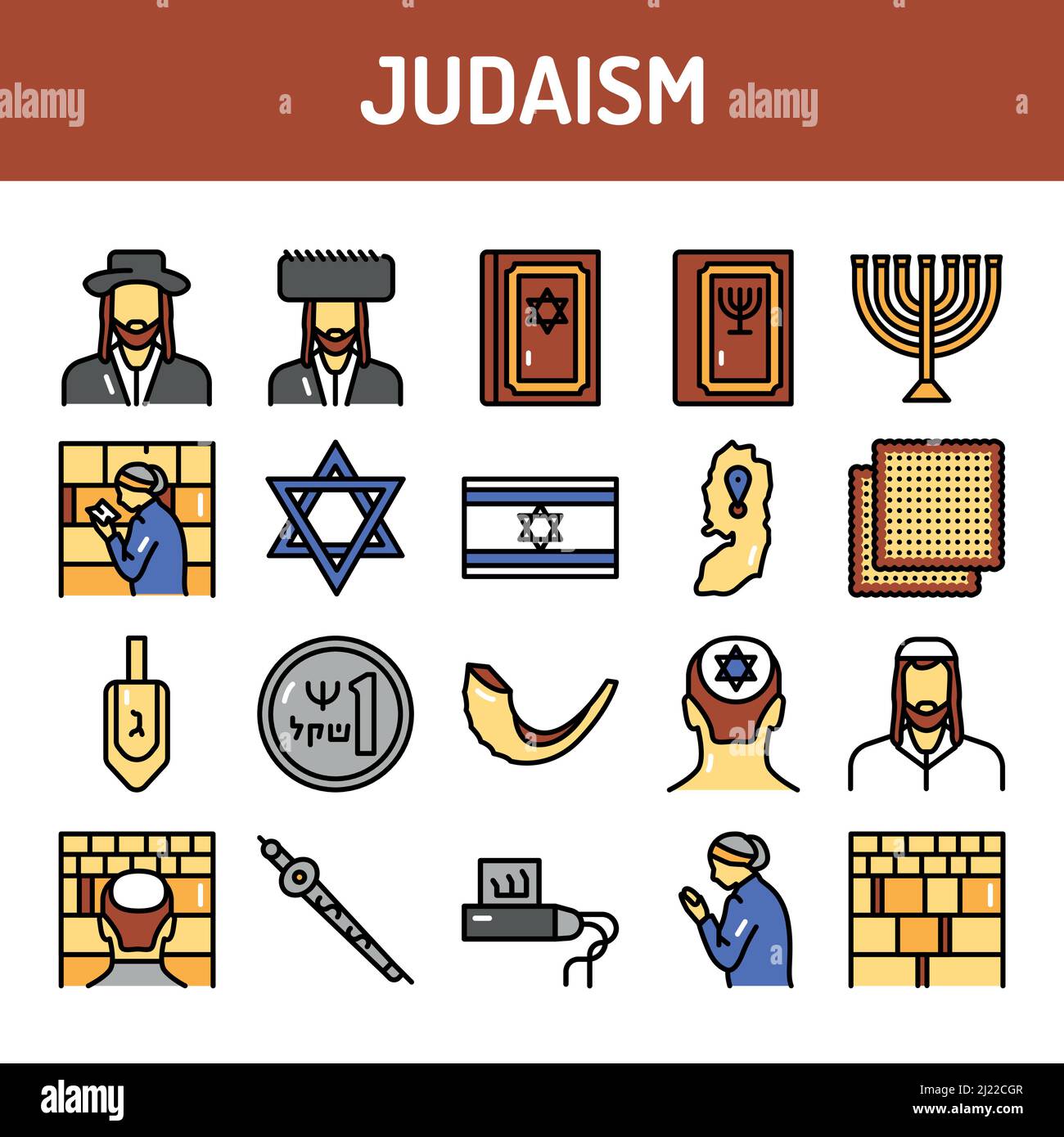 Judaismus Linie Symbole gesetzt. Isoliertes Vektorelement. Skizzieren Sie Piktogramme für Webseite, mobile App, Werbung. Bearbeitbare Kontur. Stock Vektor