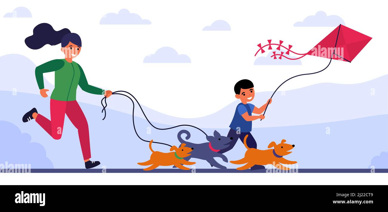 Frau läuft hinter Hunden, und ihr Sohn nach Drachen. Mutter und Junge joggen im Freien flache Vektor-Illustration. Familienjogging-Konzept für Banner, Website Stock Vektor