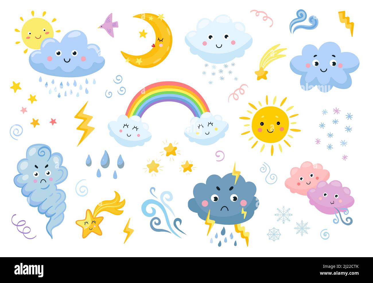 Wetteremoticon flaches Symbol gesetzt. Cartoon Regenbogen, Regen und Schnee Wolken, Sonne, Mond, Stern, Aufhellung, Wind isoliert Vektor Illustration Sammlung. Mete Stock Vektor