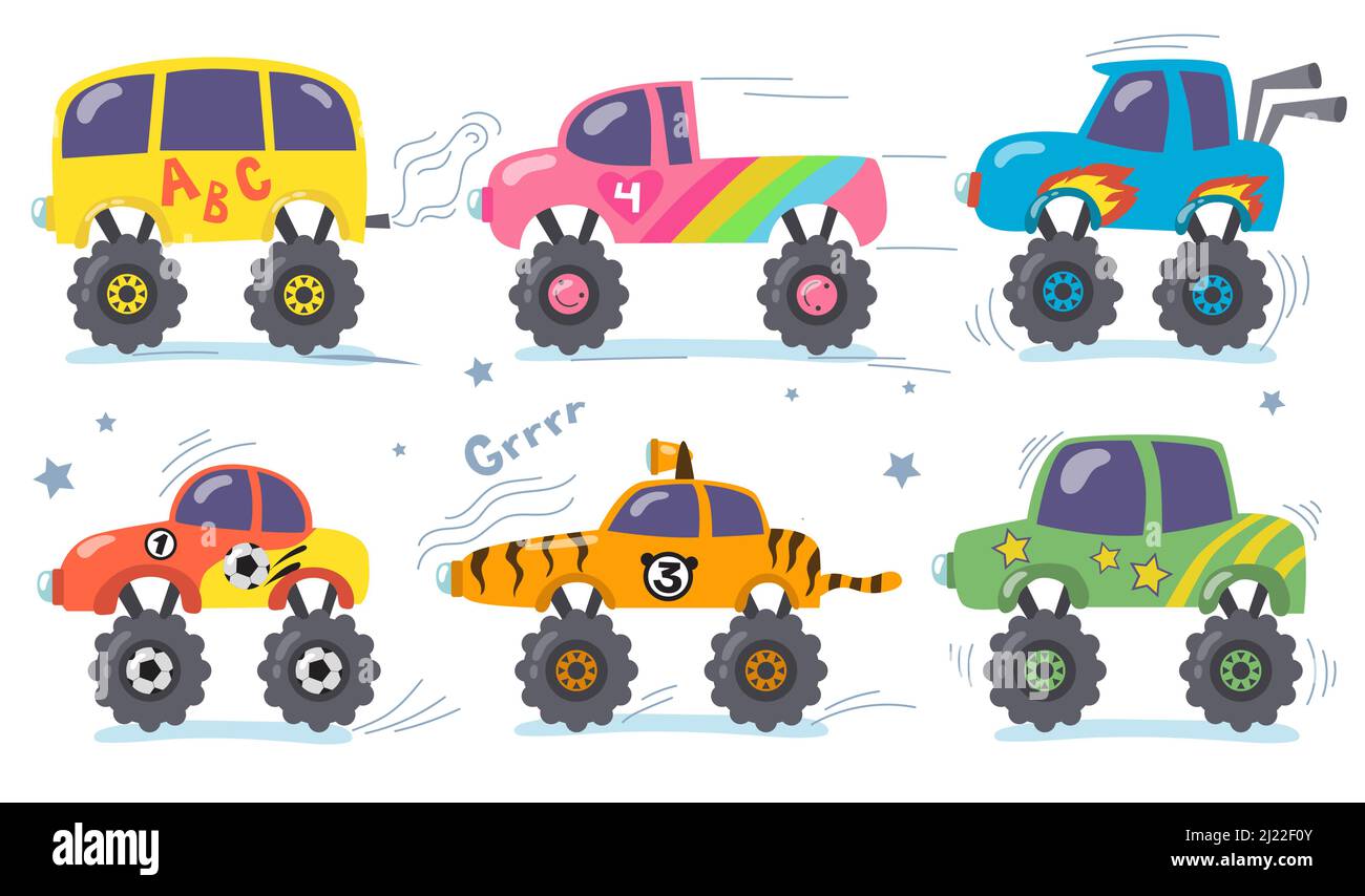 Cartoon Monster Trucks gesetzt. Kindlicher Retro-Schwertransport mit großen Rädern. Vektor-Illustrationen für Kinder Spielzeug, Rennen, lustige Autos, Robotik conce Stock Vektor