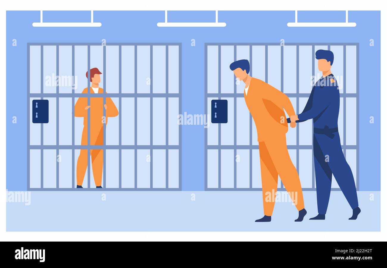 Kriminelle im Gefängnis Konzept. Wachbeamter, der Gefangene in den Gefängnisraum eskortiert. Vektor-Illustration für Gefängnisarbeiter, Polizeiuntersuchung, Kriminalität, Jai Stock Vektor