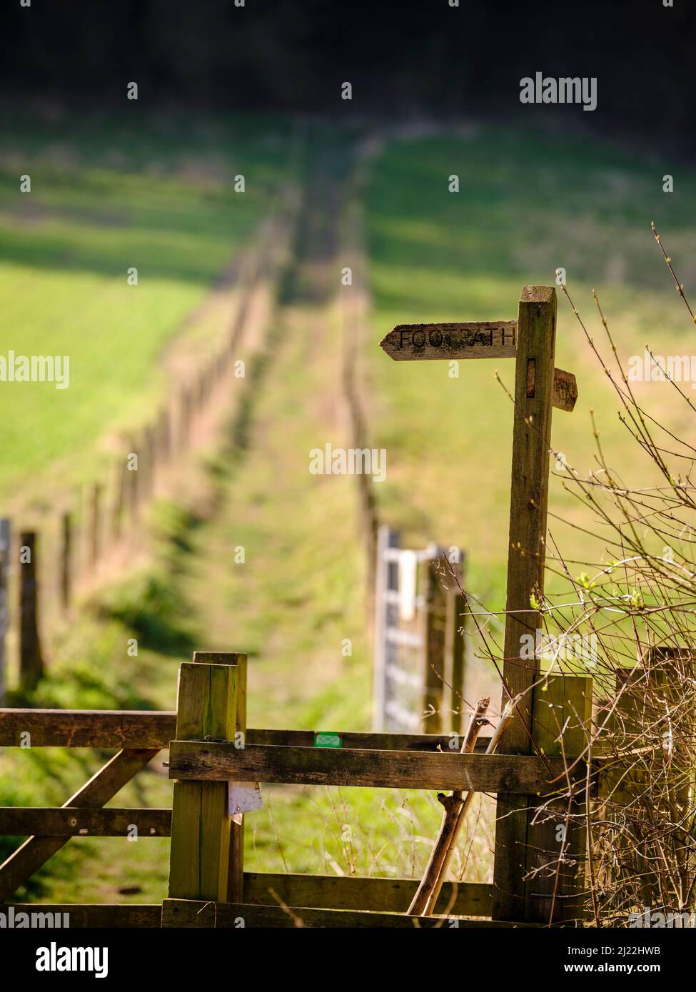 Ein Schild für einen Fußweg in Richtung South Downs vom Dorf Buriton, Hampshire, Großbritannien. Stockfoto