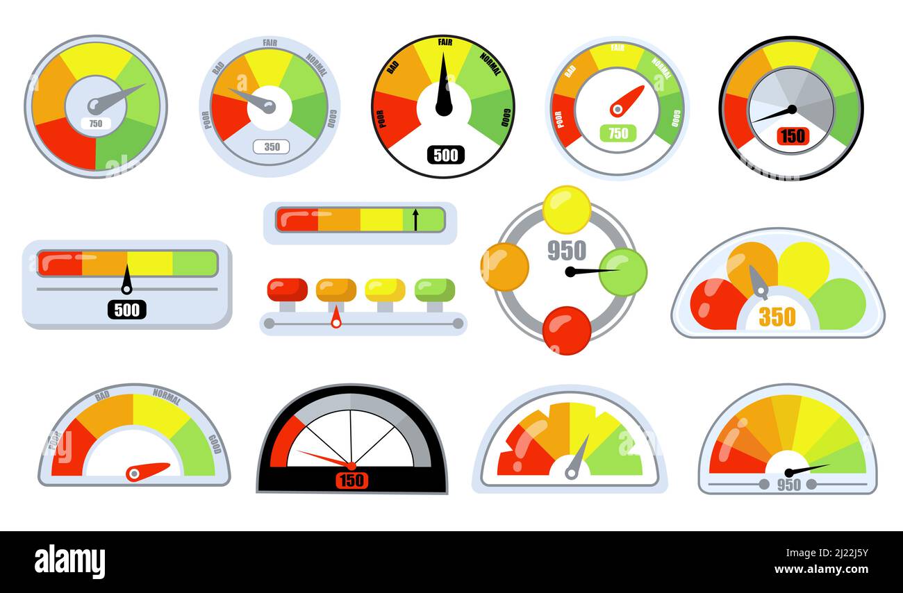 Indikatoren für die Kundenzufriedenheit mit flachen Symbolen für schlechte und gute Werte. Credit Score Vektor Illustration Kollektion. Bewertungs- und Bewertungskonzept Stock Vektor