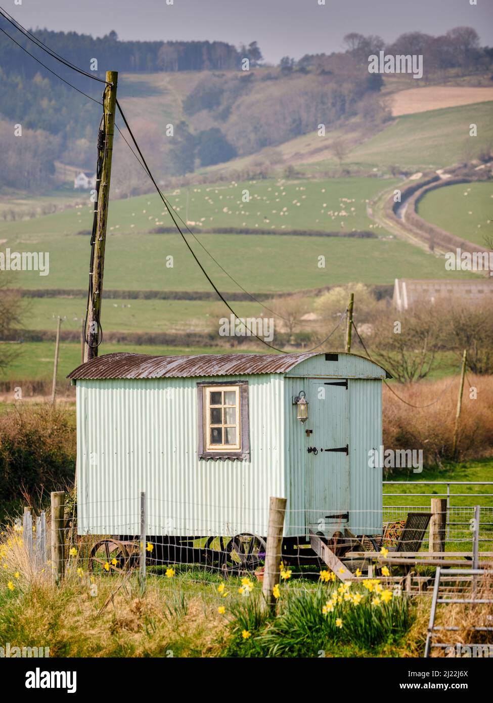 Eine Schäferhütte auf dem South Downs Way in Manor Farm, Cocking, West Sussex. Stockfoto