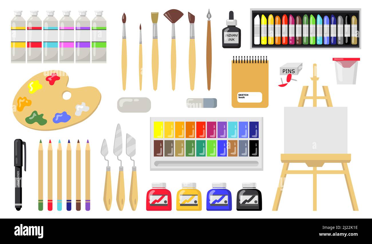Zeichnungs- und Malwerkzeugsatz. Pinsel, Ölfarben, Palette, Staffelei mit Leinwand, Pinsel, Bleistifte, Radiergummi, Buntstifte. Vektorgrafik für Studie Stock Vektor Zeichnungs- und Malwerkzeugsatz. Pinsel, Ölfarben, Palette, Staffelei mit Leinwand, Pinsel, Bleistifte, Radiergummi, Buntstifte. Vektorgrafik für Studie Stock Vektor